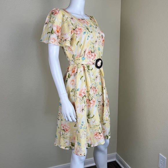 Code By Lifestyle Women’s Size 12 Yellow Floral Linen Cotton Fit & Flare Dress - Picture 12 of 16